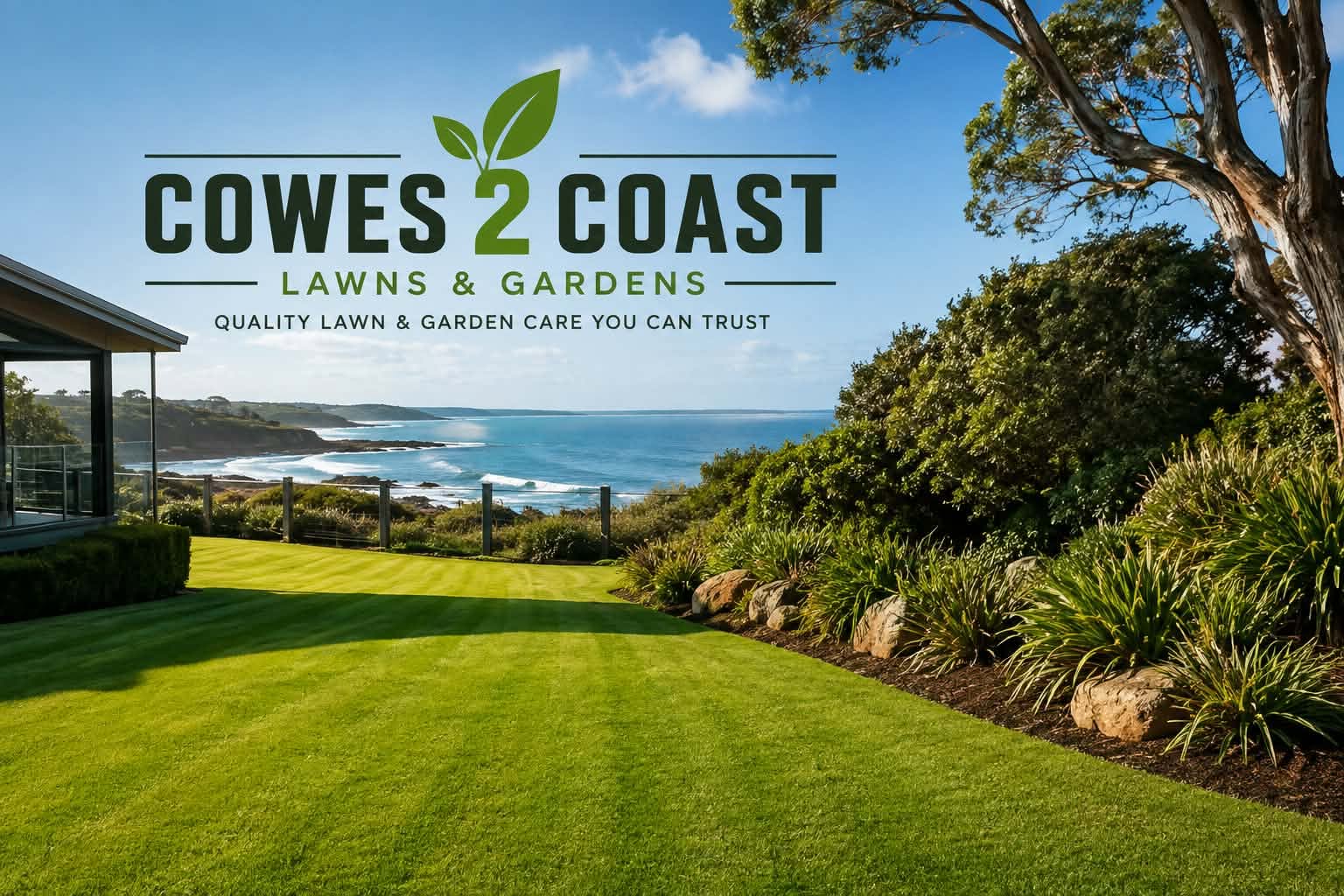 A freshly mowed coastal lawn and maintained garden beds on Phillip Island